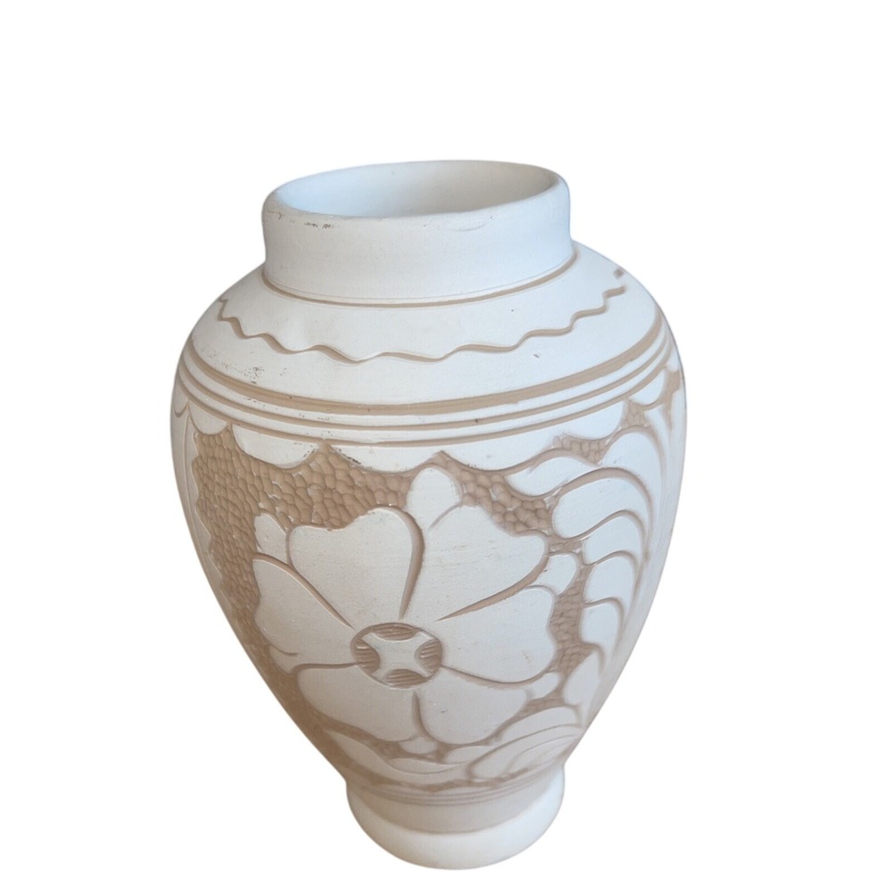 Korond Handcrafted Ceramic Vase Floral Carving Beige White